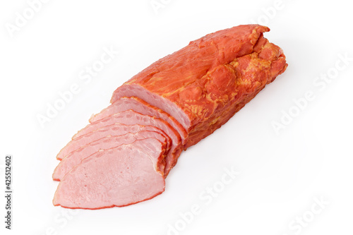 Partly sliced boiled-smoked pork loin on a white background