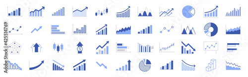 Business graphs and charts icons. Business infographics icons. Statistic and data, charts diagrams, money, down or up arrow, economy reduction. Financial chart. Vector illustration.