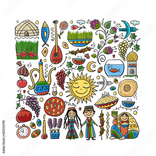 Nowruz, holiday of arrival of spring. Holiday symbols, people, food, customs and traditions. Uzbekistan art. Gift card design