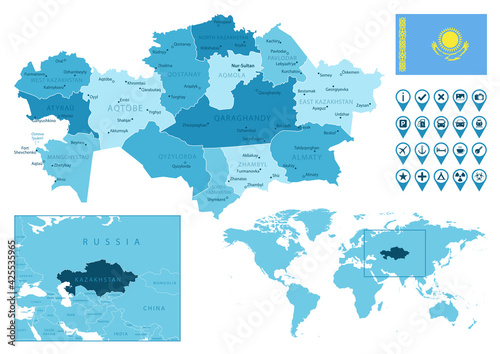 Kazakhstan detailed administrative blue map with country flag and location on the world map. Vector illustration