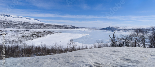 View of the Hallingskarvet National Park from the frozen Sløddfjorden lake