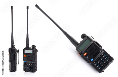 set collage of several black walkie-talkie radio communication device isolated on white background