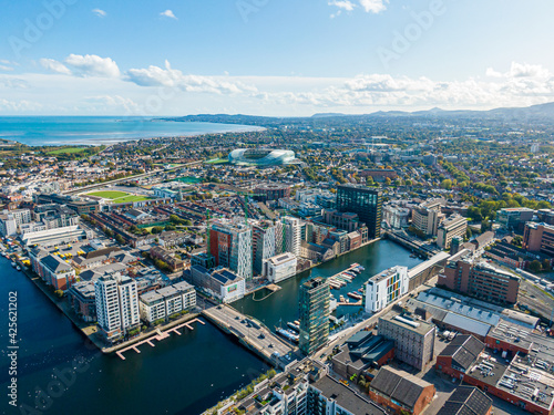 Aerial view on the channel part of Dublin near the port at the autumn