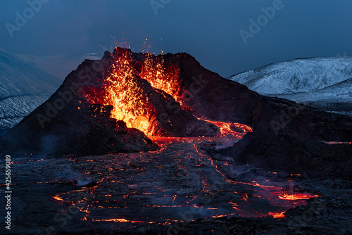 Fagradalsfjall volcanic eruption at night, Iceland