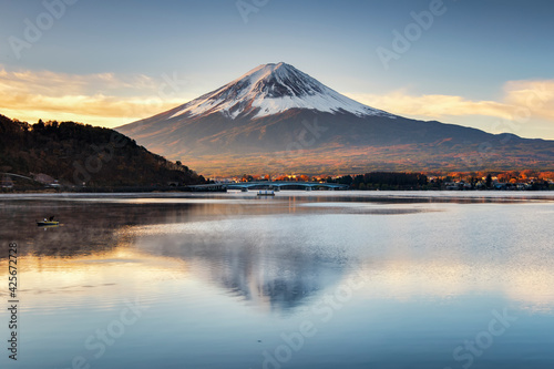 Fuji mountain reflection at sunrise autumn, Kawaguchiko lake, japan