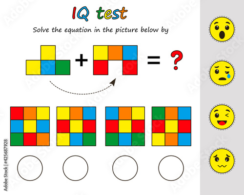 Education logic game for preschool kids. Kids activity sheet. Solve the equation in the picture below by. Iq test. Children funny riddle entertainment. Vector illustration