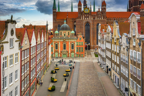 Aerial view of the old town of Gdansk with St. Mary's Basilica, Poland