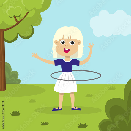 Cute smiling blond girl playing with hula hoop in the park. Happy hula hooping kid outside. Child enjoying exercising on the green lawn. Flat vector illustration.