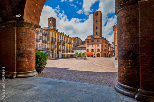 Piazza Duomo and old historic houses in Alba, Italy.