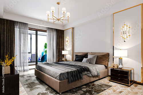 3d render of beautiful bedroom with chandelier