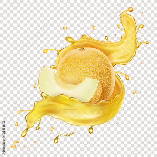 Melon yellow fruit in realistic transparent melon juice splash, vector 3d illustration icon