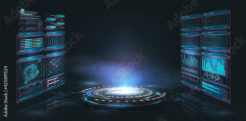 Abstract style on black background. Blank display, stage or podium for show product in futuristic cyberpunk style. Technology demonstration. Futuristic circle 3D lab stage with HUD elements for UI,GUI