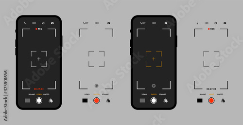 Photo camera mobile interface. Set of smartphone devices, video capture mode, viewfinder grid. Phone display in vector