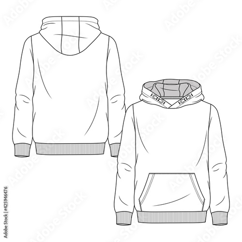 Boys PullOver Fleece Top fashion flat sketch template. Young Men Hooded Sweatshirt Technical Fashion Illustration. Front Pocket detail