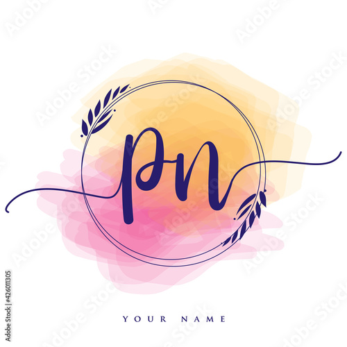 PN Initial handwriting logo. Hand lettering Initials logo branding, Feminine and luxury logo design isolated on colorful watercolor background.