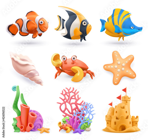 Underwater world cartoon icon set. Tropical fish, corals, sand castle, starfish, shell, crab. 3d vector plasticine art objects