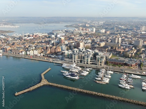 aerial view of Poole harbour and the historic Quay area seen on a sunny calm morning