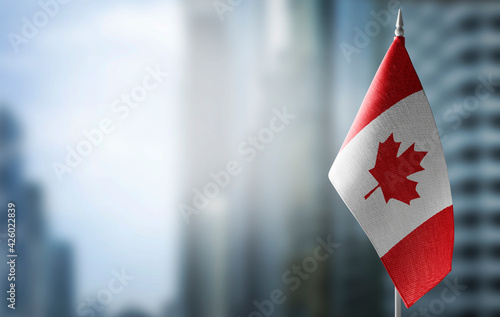 A small flag of Canada on the background of a blurred background