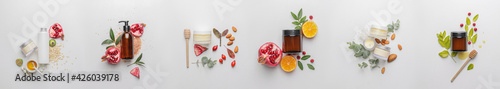 Set of natural cosmetic products on light background