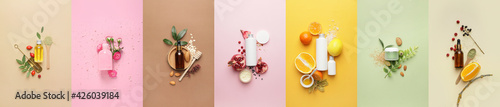 Set of natural cosmetic products on color background