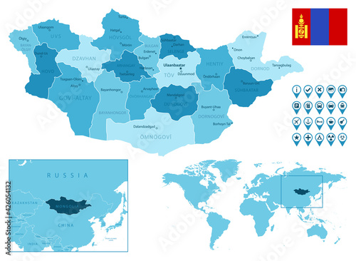 Mongolia detailed administrative blue map with country flag and location on the world map. Vector illustration