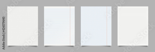 Realistic blank squared and lined paper sheets set. Realistic paper sheet of lines and squares notepad pages set isolated on grey background. Vector illustration eps 10