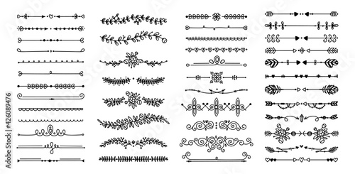 Decorative dividers. Heart, line, swirl, arrow elements for decoration. Calligraphic flourish ornaments. Vintage hand drawn border vector set for greeting and invitation cards, certificates