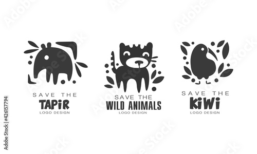 Save Wild Animals Logo Design Set, Protection of Tapir, Wild Animals, Kiwi Animals Black and White Badges Vector Illustration