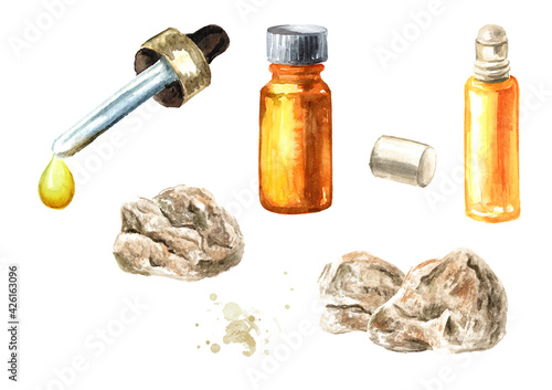 Ambergris, ambergrease, ambre gris or grey amber and essential oil set. Watercolor hand drawn illustration, isolated on white background