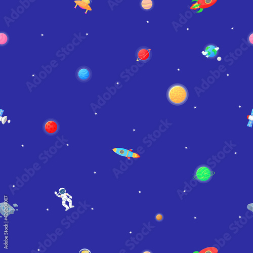 Astronaut with rocket and alien in the open space