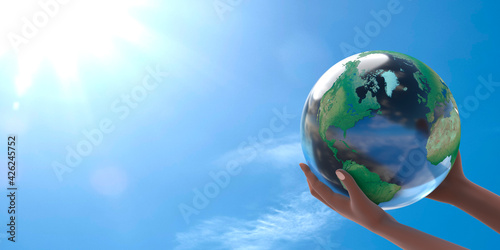 A conceptual illustration of the planet earth on the outstretched arms of a black woman. The concept of solar energy, ecology. The sun's rays illuminate the globe. 3D Render