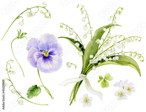 A set of pictures of a bouquet of lilies of the valley, tied with a ribbon, a pansies, and other spring flowers. Watercolor illustration of spring flowers.
