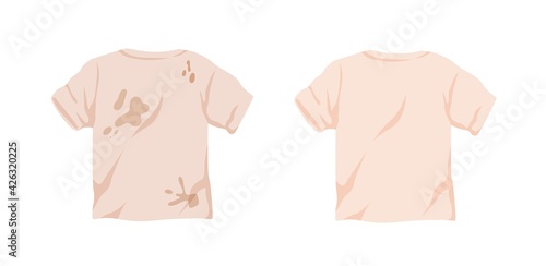 Dirty untidy tshirt with stains and neat clean t-shirt isolated on white background. Fresh cotton clothes with removed mud and ink spots. Soiled and tidy washed garment. Flat vector illustration