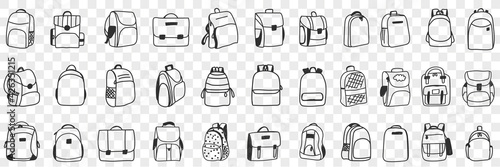 Casual backpacks accessories doodle set. Collection of hand drawn various styles of backpack bags accessories for casual everyday outfit wearing fashion isolated on transparent background