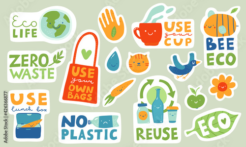 Ecological stickers. Collection of ecology stickers with slogans - eco life, zero waste, use lunch box, use your own bag, use your cup, bee eco, reuse. Bundle of bright vector design elements. Bird.