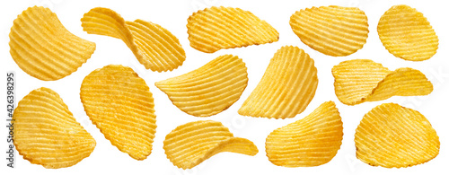 Ridged potato chips isolated on white background