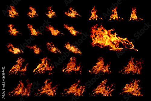 Fire flames on black background. Image of blaze fire flame texture and burning fire for decorative special effect .
