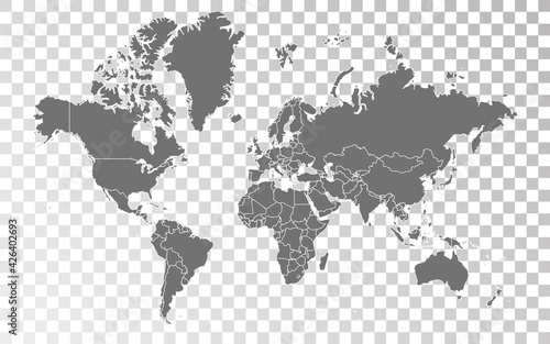 Transparent - High Detailed Grey Map of World. Vector Eps 10.
