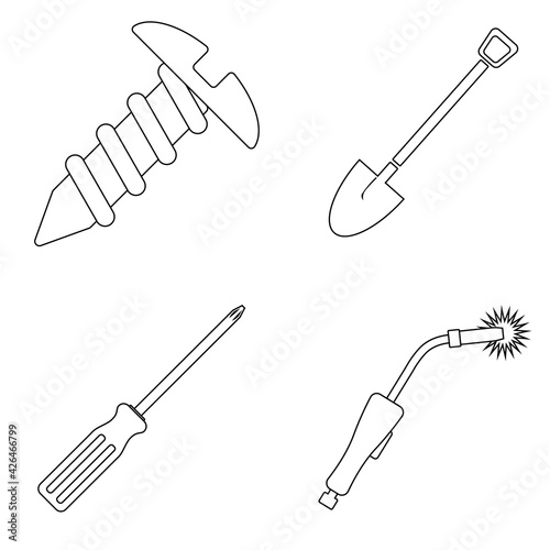 Set of work icons. Screw, shovel, crosshead screwdriver, welding torch