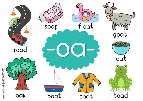 Oa digraph with words educational poster for kids. Learning phonics for school and preschool. Phonetic worksheet. Vector illustration