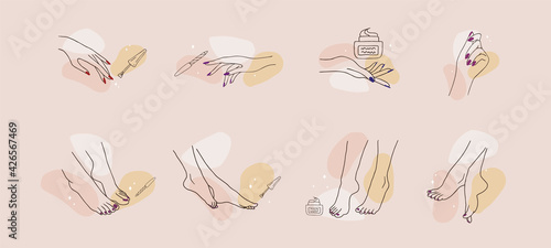 Female hands and feet. Manicure and pedicure concept. Vector Illustration in trendy outline style. Design element for web icons, nail art studio or spa salon logo.