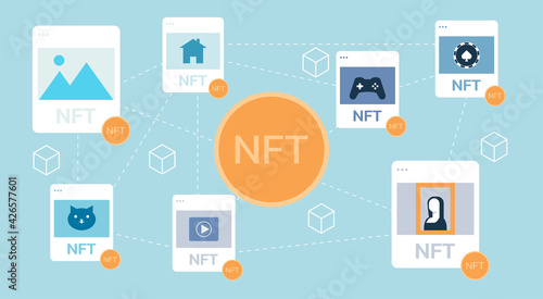 Concept of NFT, non-fungible token and digital items with crypto art, game, video for sale on internet online marketplace and blockchain technology with golden coin icon, vector flat illustration