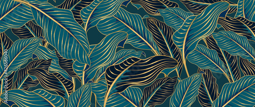Green Tropical leaves background vector with golden line art texture. Luxury wallpaper design for prints, poster, cover, invitation, packaging design background, wall art and home decoration.