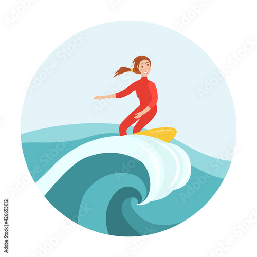 Woman in swimwear surfing in sea or ocean. Summer sport. Colorful flat cartoon vector illustration