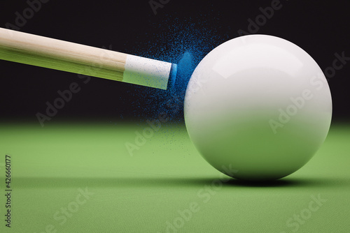 Cue stick hitting cue ball in a break on a pool or snooker table, 3D Illustration