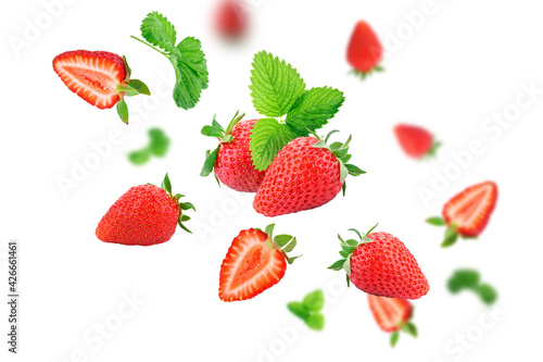 Strawberry berries levitating on a white background. Isolated object on a white background. Horizontal.