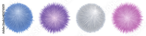 Fur pompoms. Fluffy furry balls, set of colorful isolated elements. Shaggy realistic texture. Vector illustration