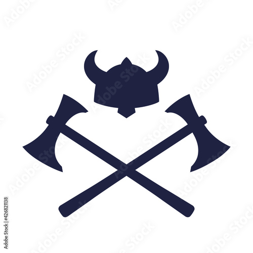 Vikings helmet and crossed axes on white, vector