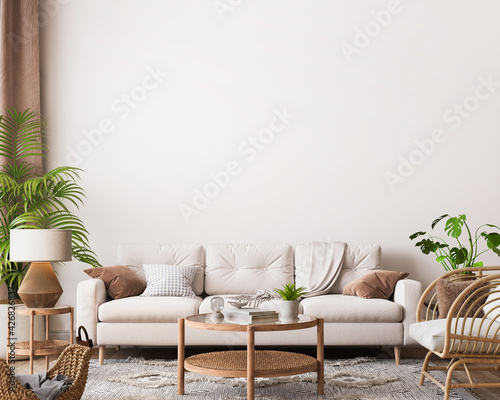 farmhouse interior living room, empty wall mockup in white room with wooden furniture and lots of green plants, 3d render