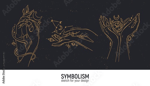 Set of mystical compositions. Hands, woman, spirituality, magic and spirituality.
